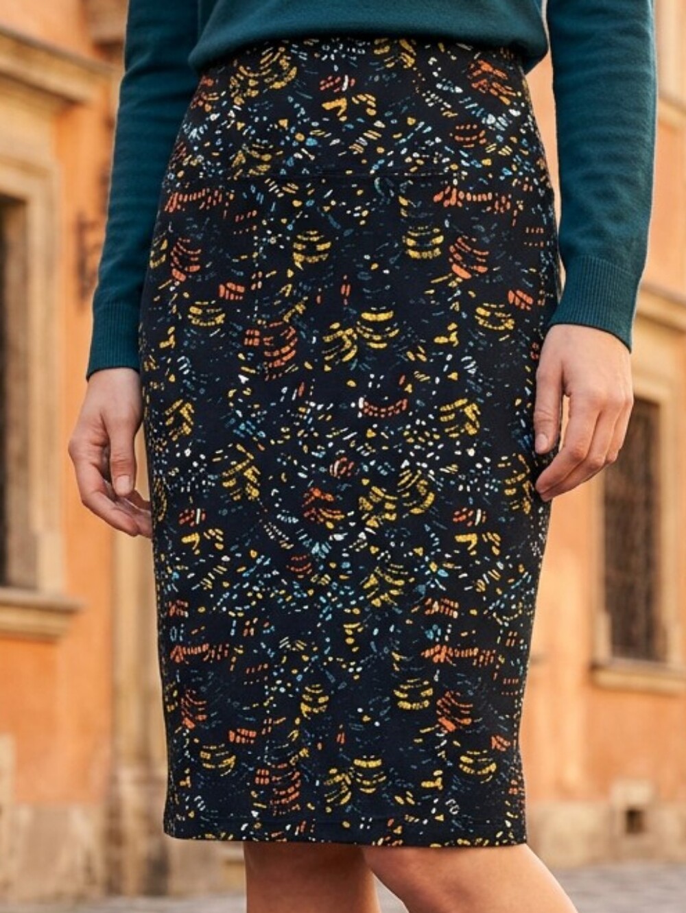 LuLaRoe Cassie XS Black Abstract Print Stretch Pencil Skirt Multicolor Art Chic
